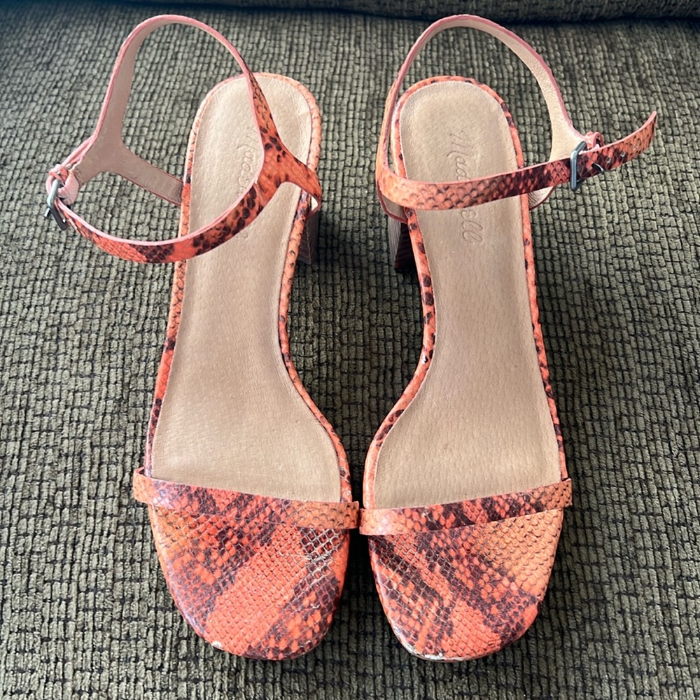 Madewell Strappy heels. Orange sweet tulip snake skin